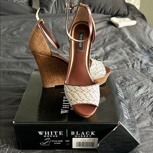 White House Black Market Tan and Cream Wedge Sandals